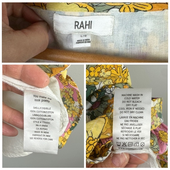 RAHI The Petra Dress Puff Sleeve Ruched Fauxed Wrap Ruffle Floral Cotton Large - Picture 16 of 16